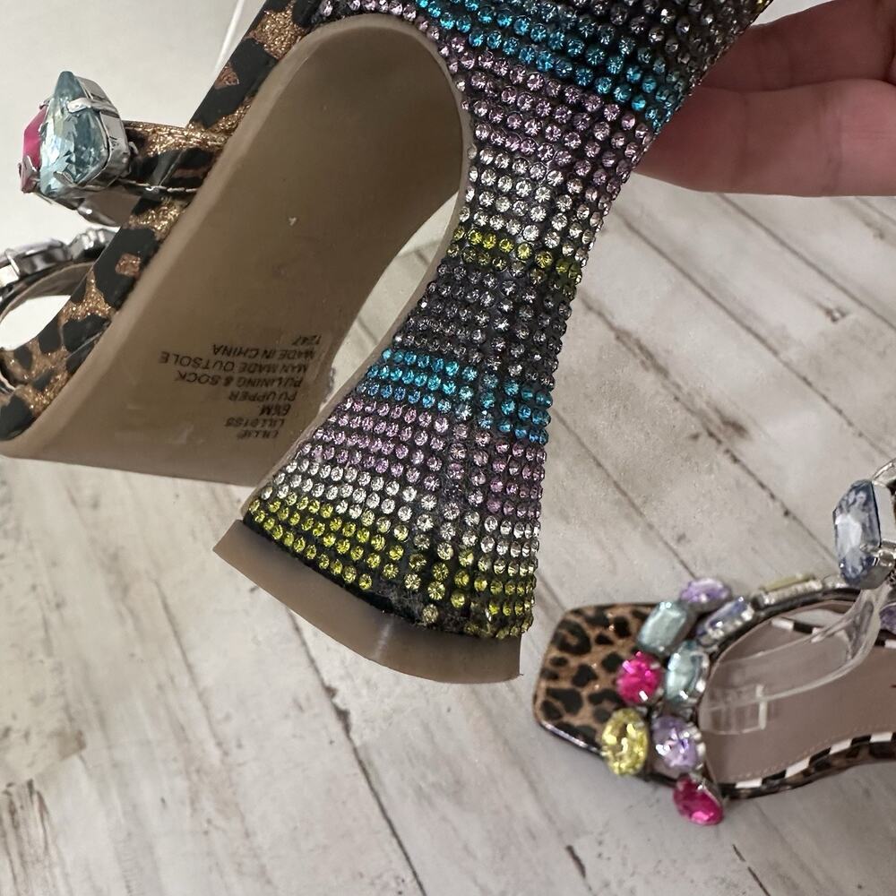 Betsey Johnson Lillie Heels 6.5M Leopard Rhinestone Block Heel Statement Sandals - Picture 11 of 11